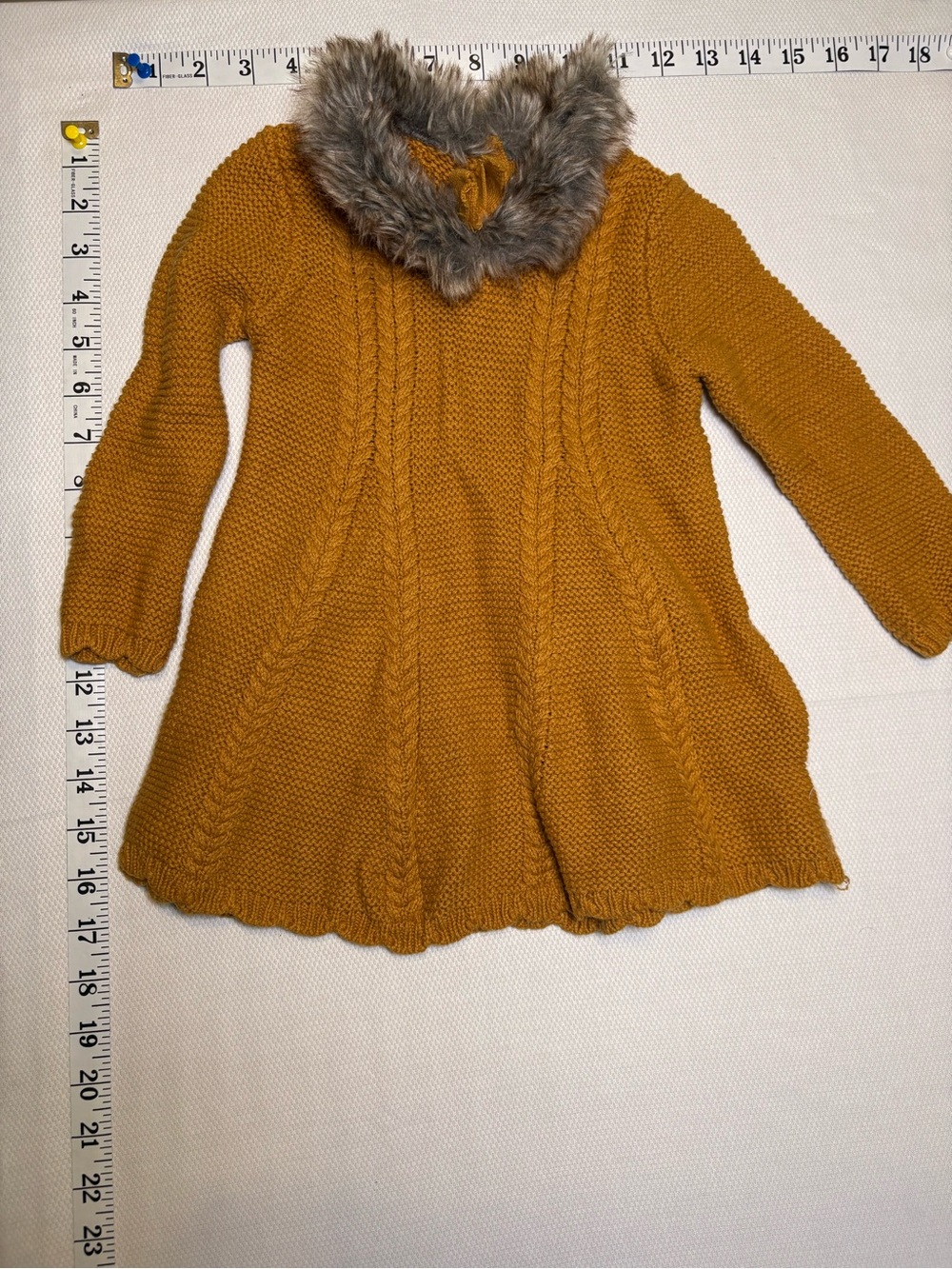 Tahari Baby Mustard Cable Knit Sweater Dress Faux Fur Collar Size 12M